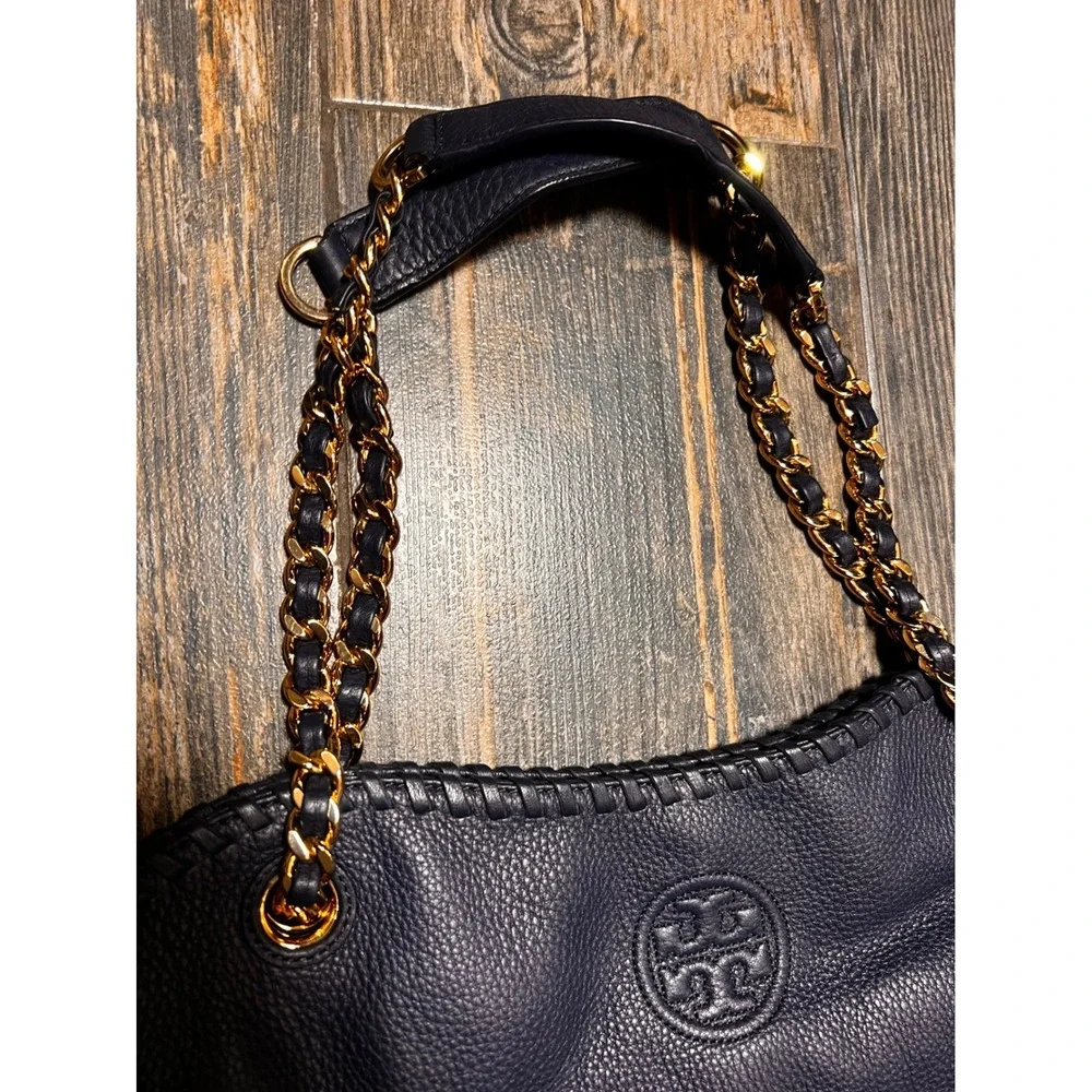 Tory Burch‎ Navy Leather Marion Slouchy Tote Bag Purse Gold Chain & Wallet EUC